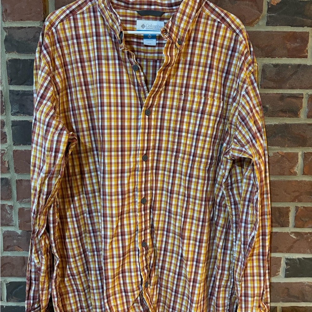 Columbia Men's Yellow and Brown Plaid Button-Down Shirt